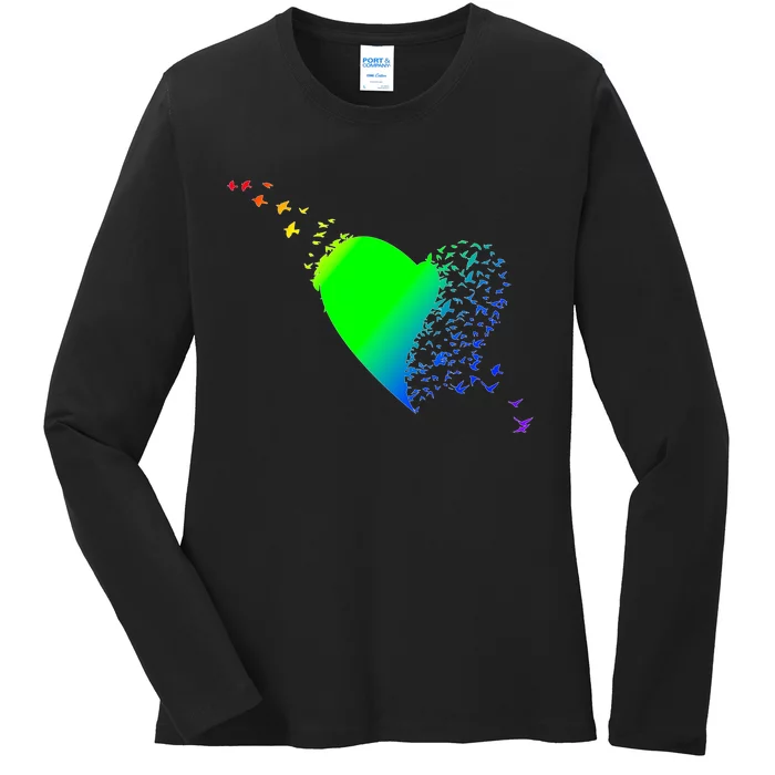 Colorful Bird Flocking Heart Rainbow Ladies Long Sleeve Shirt