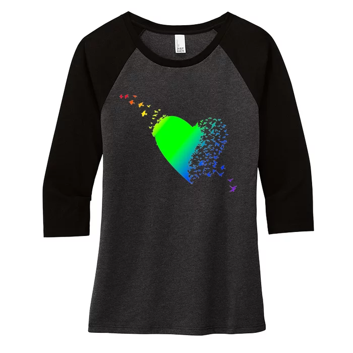 Colorful Bird Flocking Heart Rainbow Women's Tri-Blend 3/4-Sleeve Raglan Shirt