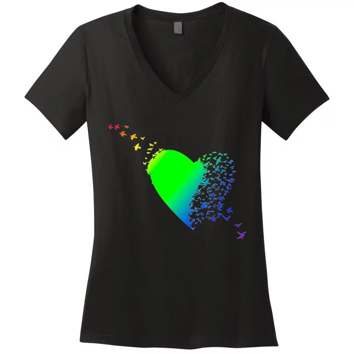 Colorful Bird Flocking Heart Rainbow Women's V-Neck T-Shirt