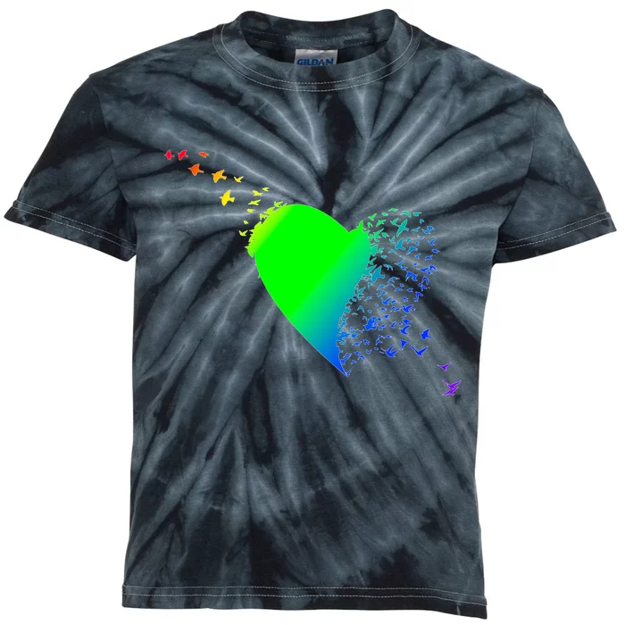 Colorful Bird Flocking Heart Rainbow Kids Tie-Dye T-Shirt