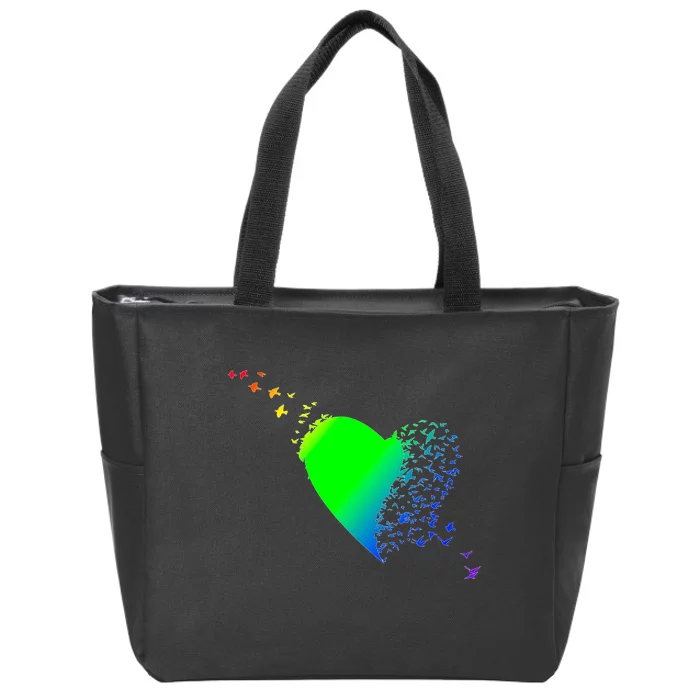 Colorful Bird Flocking Heart Rainbow Zip Tote Bag