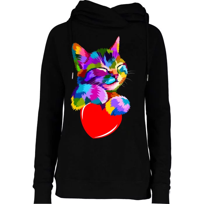 Colorful Cat Full Of Love Kitten Lovers Womens Funnel Neck Pullover Hood