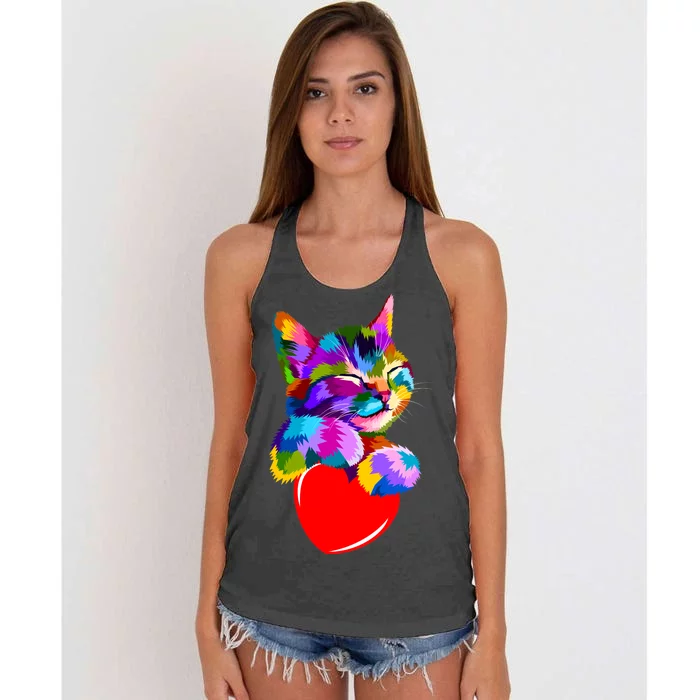 Colorful Cat Full Of Love Kitten Lovers Women's Knotted Racerback Tank