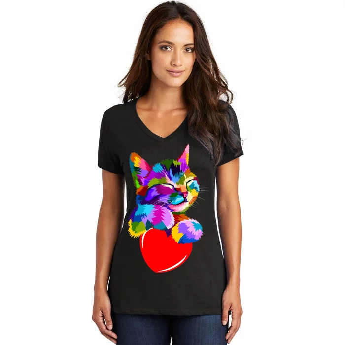 Colorful Cat Full Of Love Kitten Lovers Women's V-Neck T-Shirt