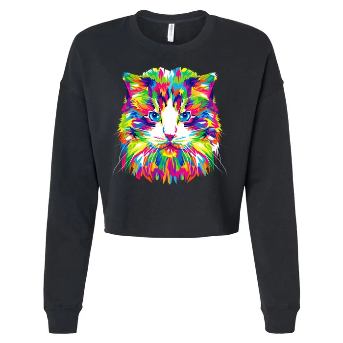 Colorful Cat Pattern Cropped Pullover Crew