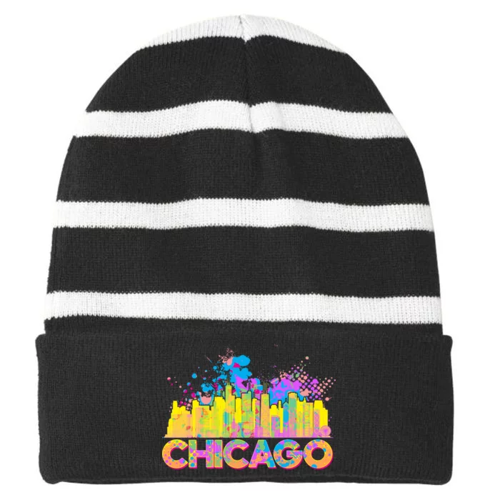 Colorful Chicago Skyline Paint Striped Beanie with Solid Band