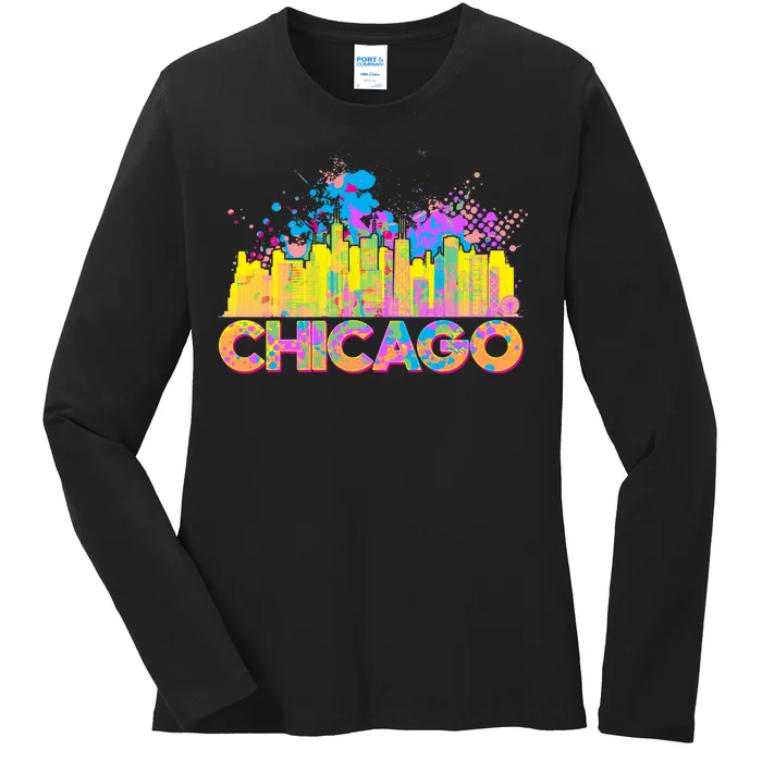 Colorful Chicago Skyline Paint Ladies Long Sleeve Shirt