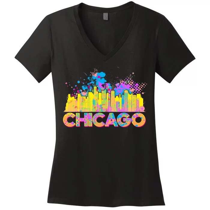 Colorful Chicago Skyline Paint Women's V-Neck T-Shirt