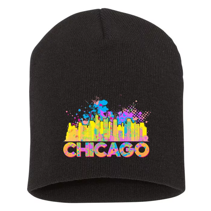 Colorful Chicago Skyline Paint Short Acrylic Beanie