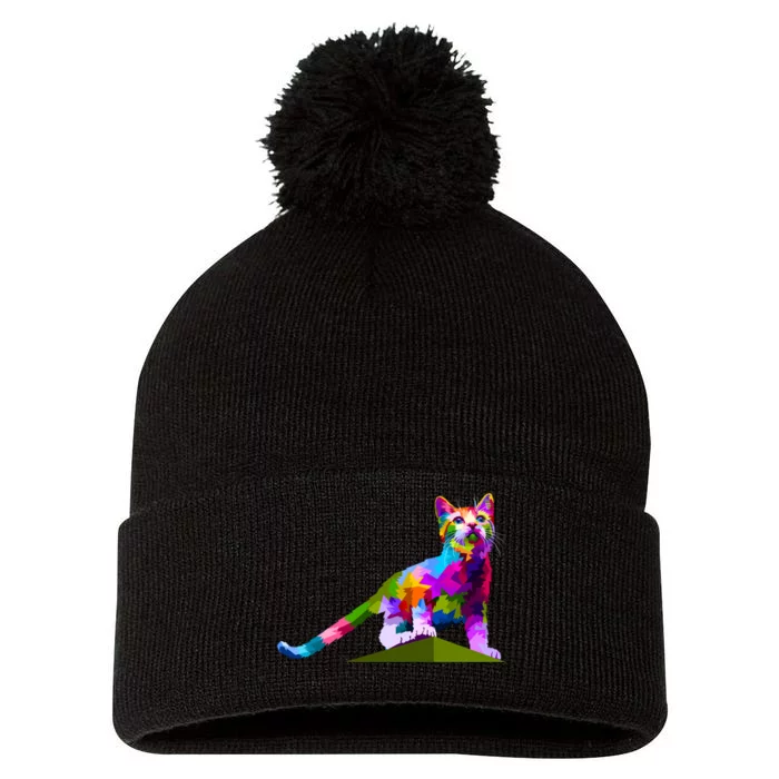 Colorful Curious Kitten Pom Pom 12in Knit Beanie