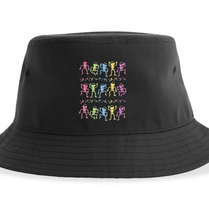 Colorful Dancing Skeletons Headphones Sustainable Bucket Hat