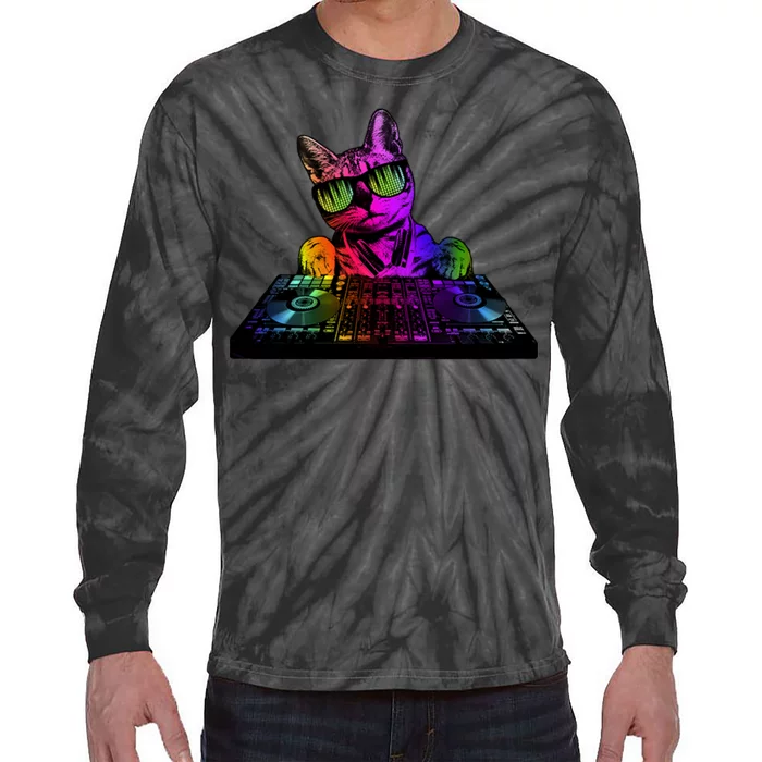 Colorful DJ Cat Tie-Dye Long Sleeve Shirt