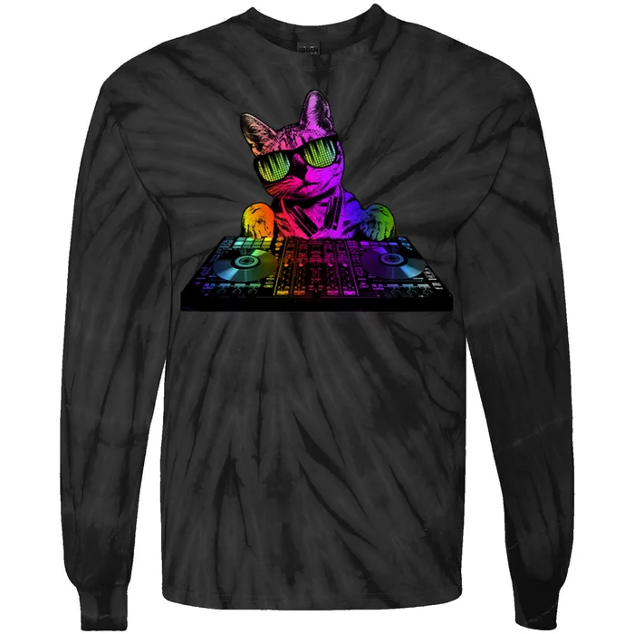 Colorful DJ Cat Tie-Dye Long Sleeve Shirt