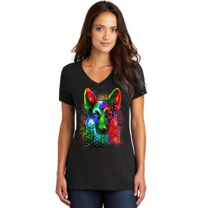 Colorful Dog German Shepard Women's V-Neck T-Shirt