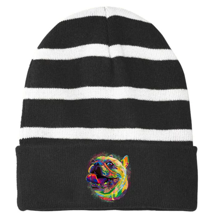 Colorful Happy Pug Smiling Striped Beanie with Solid Band