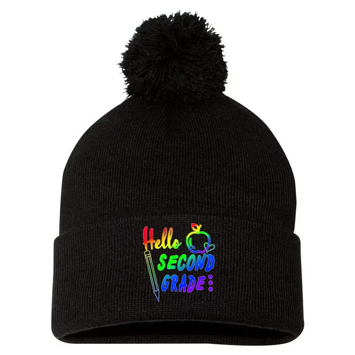 Colorful Hello Second Grade Pom Pom 12in Knit Beanie