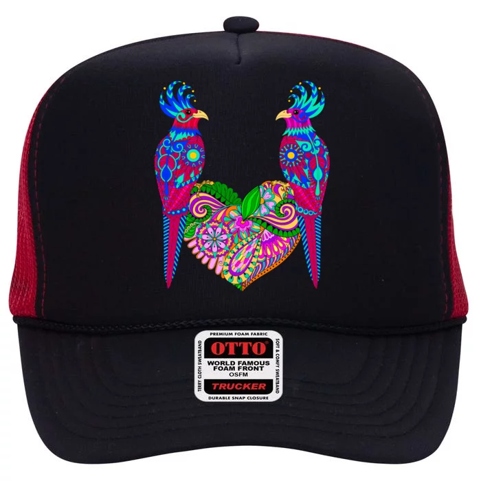 Colorful Jungle Birds Abstract Heart High Crown Mesh Trucker Hat