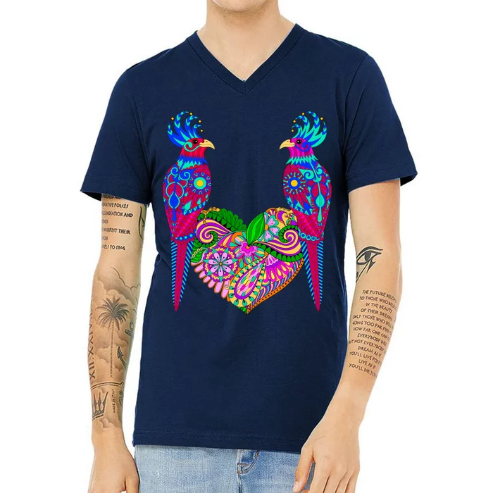 Colorful Jungle Birds Abstract Heart V-Neck T-Shirt