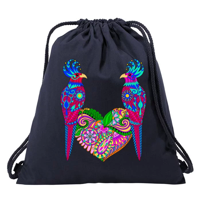 Colorful Jungle Birds Abstract Heart Drawstring Bag