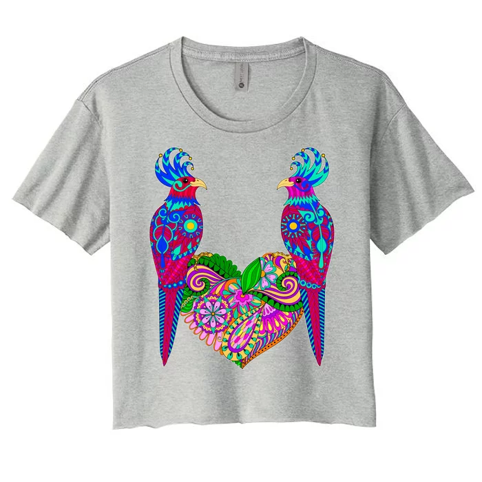 Colorful Jungle Birds Abstract Heart Women's Crop Top Tee