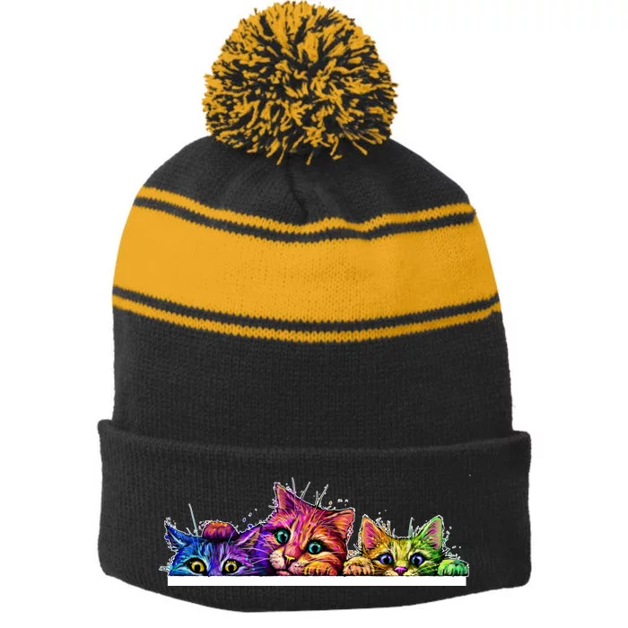 Colorful Kittens Trio Peaking Stripe Pom Pom Beanie