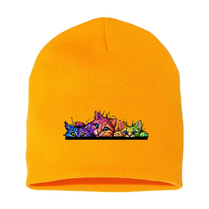 Colorful Kittens Trio Peaking Short Acrylic Beanie