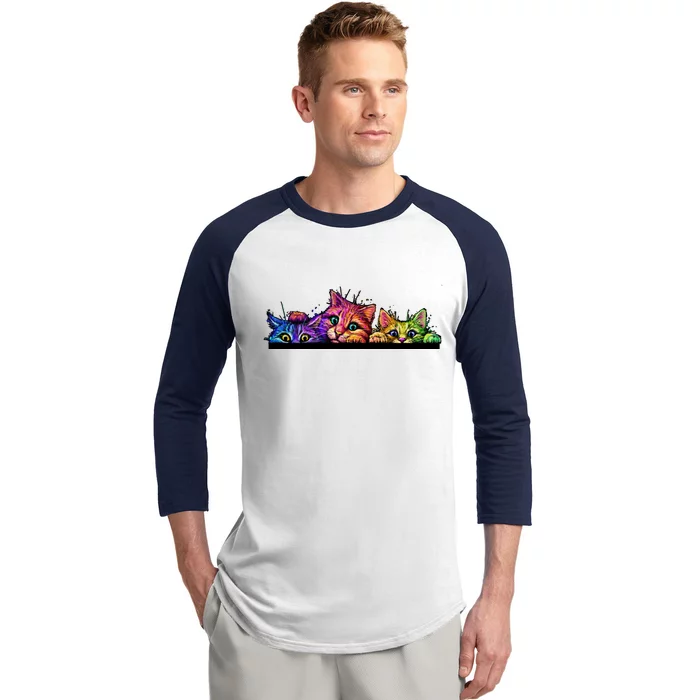 Colorful Kittens Trio Peaking Baseball Sleeve Shirt