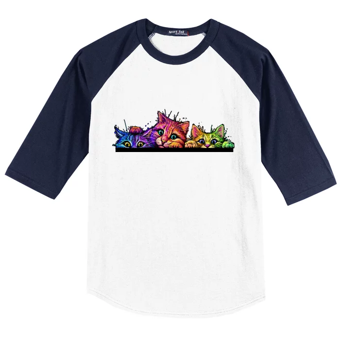 Colorful Kittens Trio Peaking Baseball Sleeve Shirt