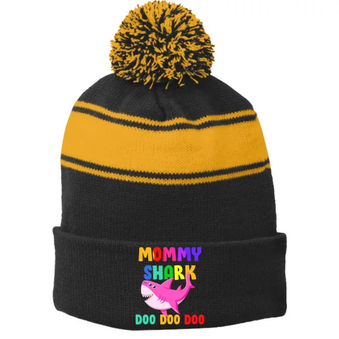 Colorful Mommy Shark Doo Doo Doo Stripe Pom Pom Beanie