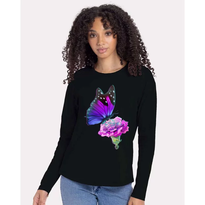 Colorful Neon Butterfly on Flower Womens Cotton Relaxed Long Sleeve T-Shirt