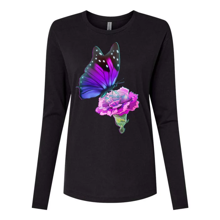 Colorful Neon Butterfly on Flower Womens Cotton Relaxed Long Sleeve T-Shirt