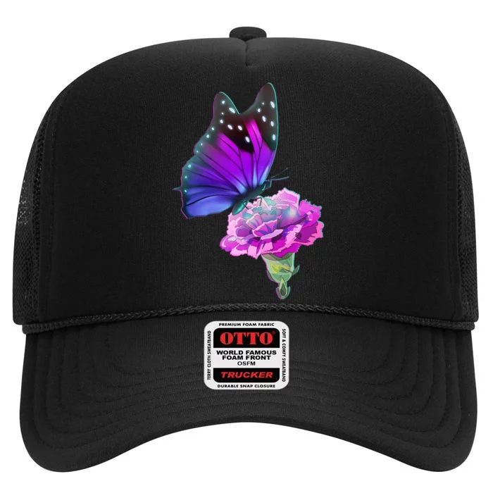 Colorful Neon Butterfly on Flower High Crown Mesh Trucker Hat