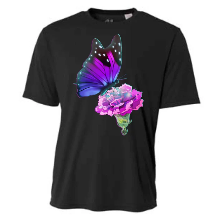 Colorful Neon Butterfly on Flower Cooling Performance Crew T-Shirt