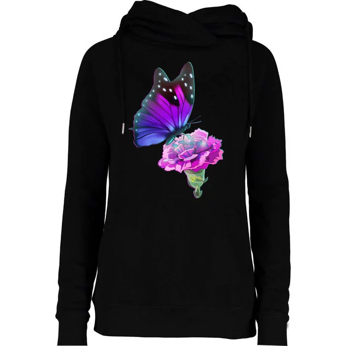 Colorful Neon Butterfly on Flower Womens Funnel Neck Pullover Hood