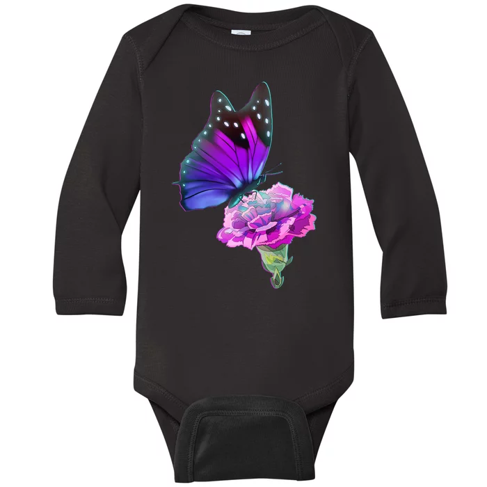 Colorful Neon Butterfly on Flower Baby Long Sleeve Bodysuit