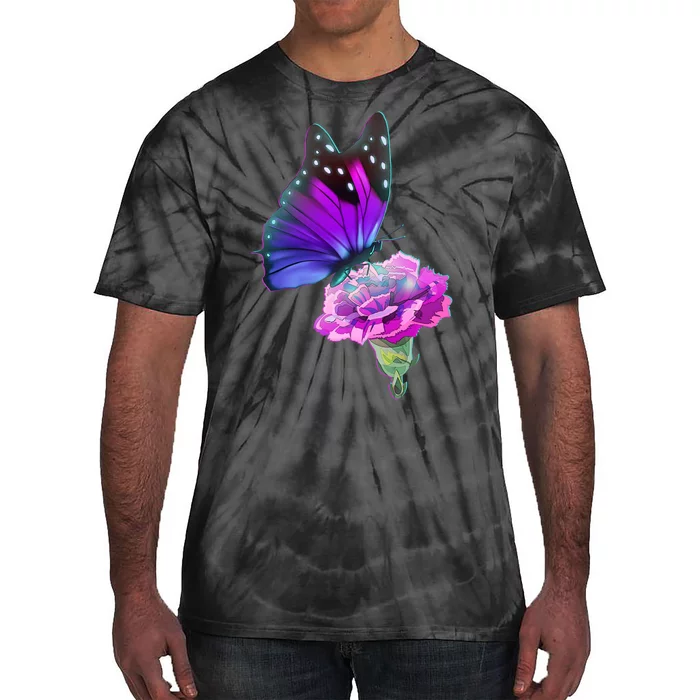 Colorful Neon Butterfly on Flower Tie-Dye T-Shirt