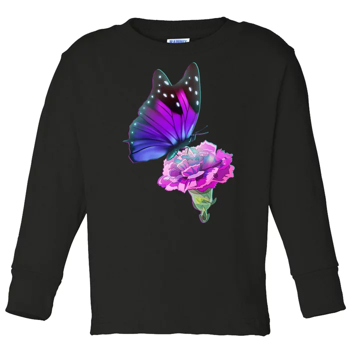 Colorful Neon Butterfly on Flower Toddler Long Sleeve Shirt