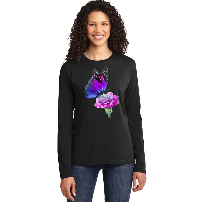 Colorful Neon Butterfly on Flower Ladies Long Sleeve Shirt