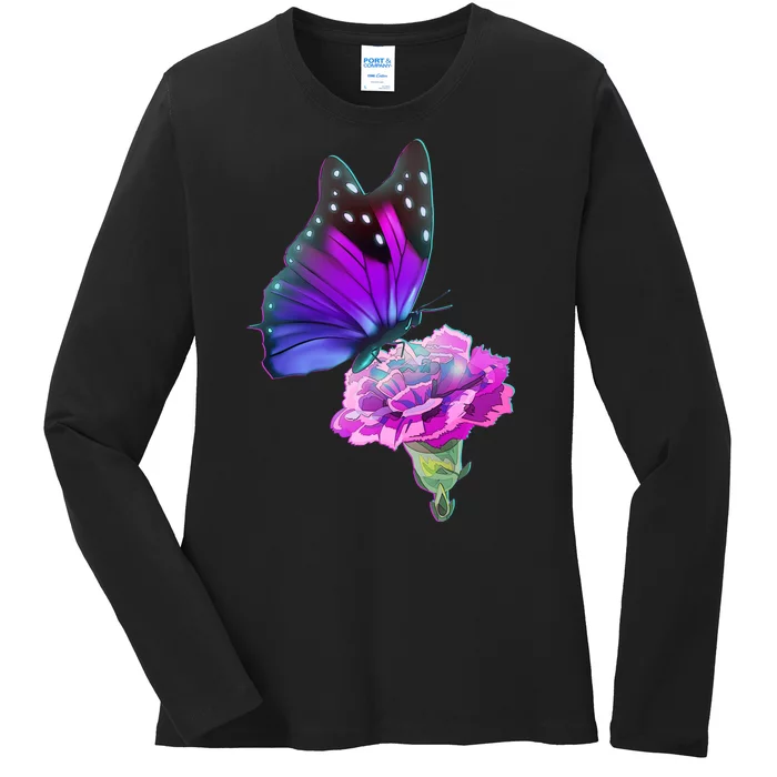 Colorful Neon Butterfly on Flower Ladies Long Sleeve Shirt