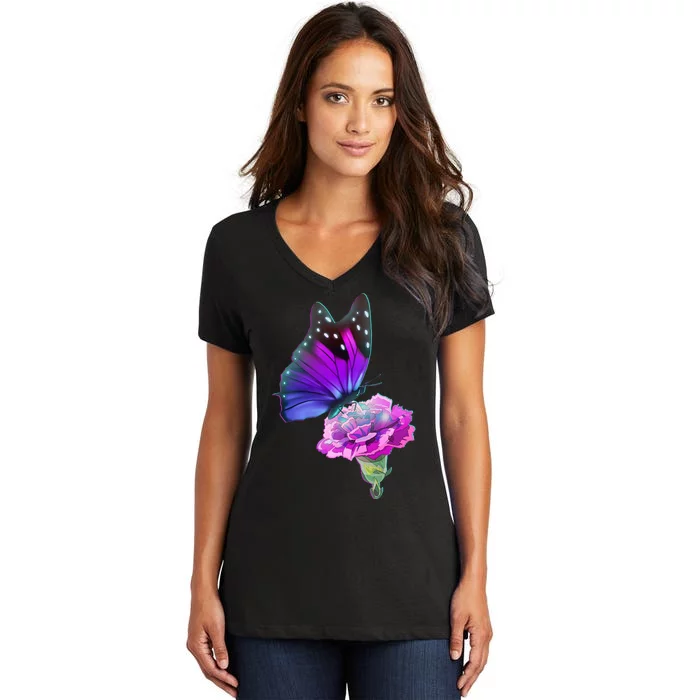 Colorful Neon Butterfly on Flower Women's V-Neck T-Shirt