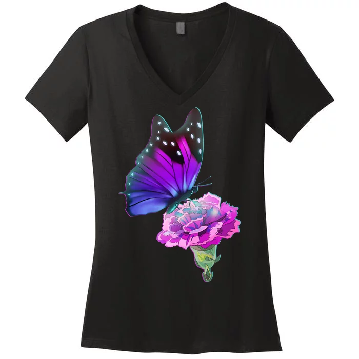 Colorful Neon Butterfly on Flower Women's V-Neck T-Shirt