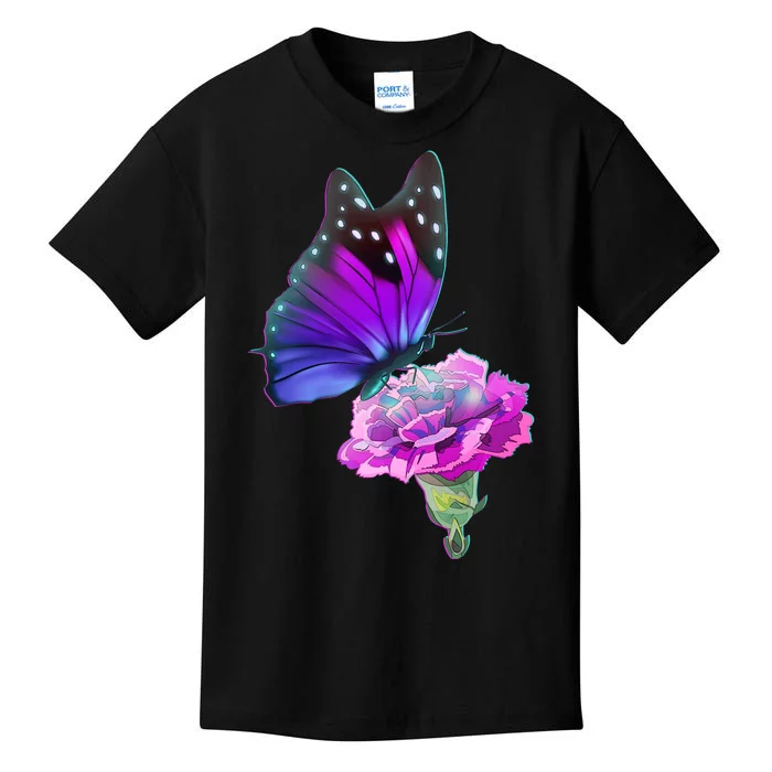 Colorful Neon Butterfly on Flower Kids T-Shirt