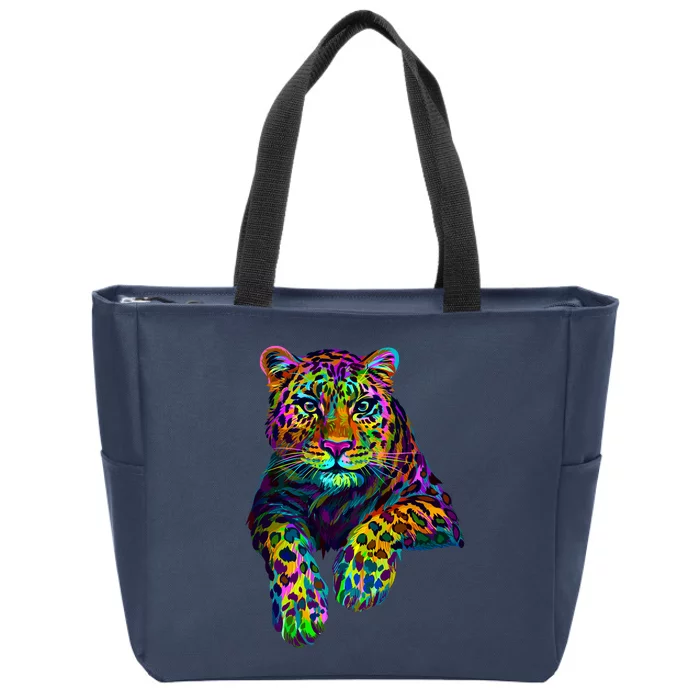 Colorful Neon Leopard Jaguar Portrait Zip Tote Bag