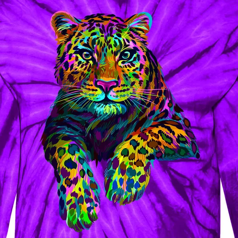 Colorful Neon Leopard Jaguar Portrait Tie-Dye Long Sleeve Shirt