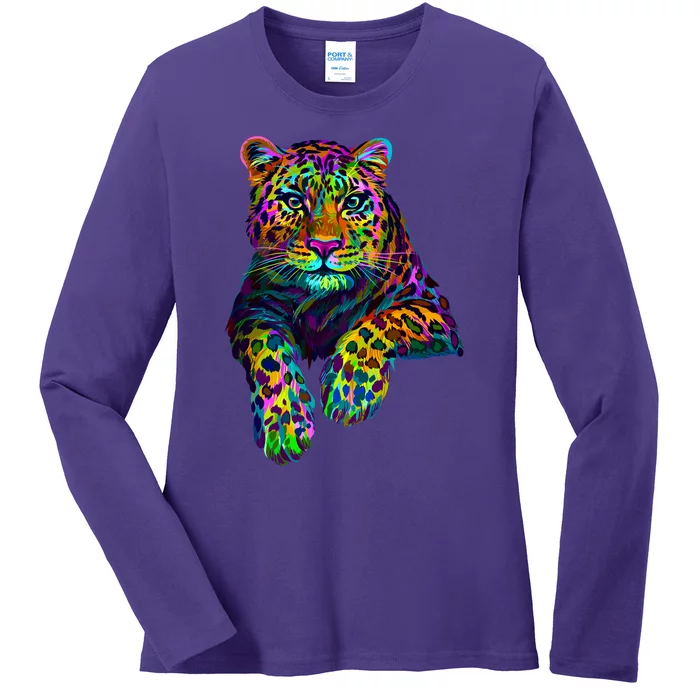 Colorful Neon Leopard Jaguar Portrait Ladies Long Sleeve Shirt