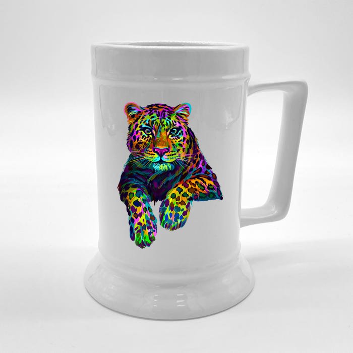 Colorful Neon Leopard Jaguar Portrait Front & Back Beer Stein