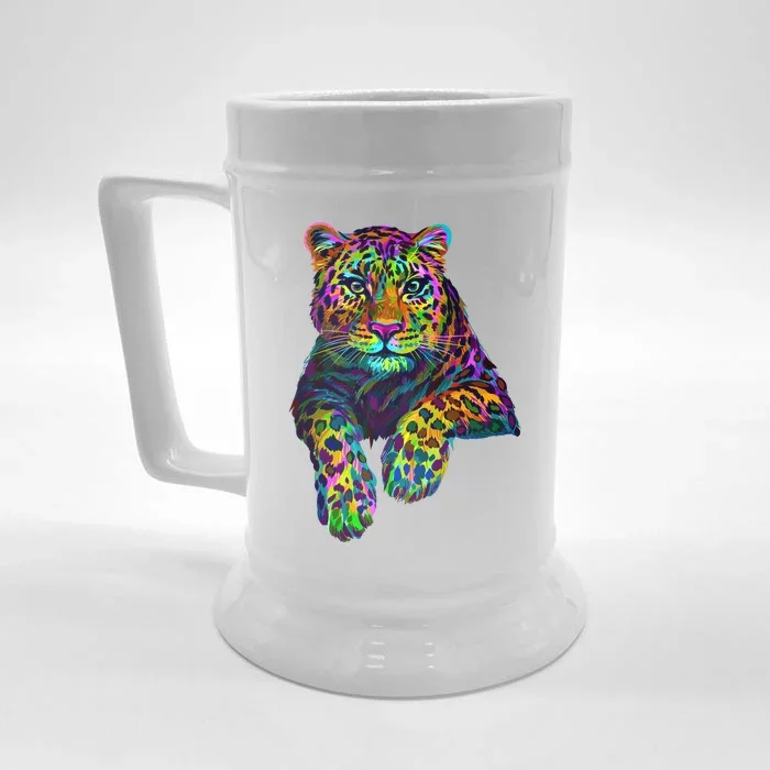 Colorful Neon Leopard Jaguar Portrait Front & Back Beer Stein