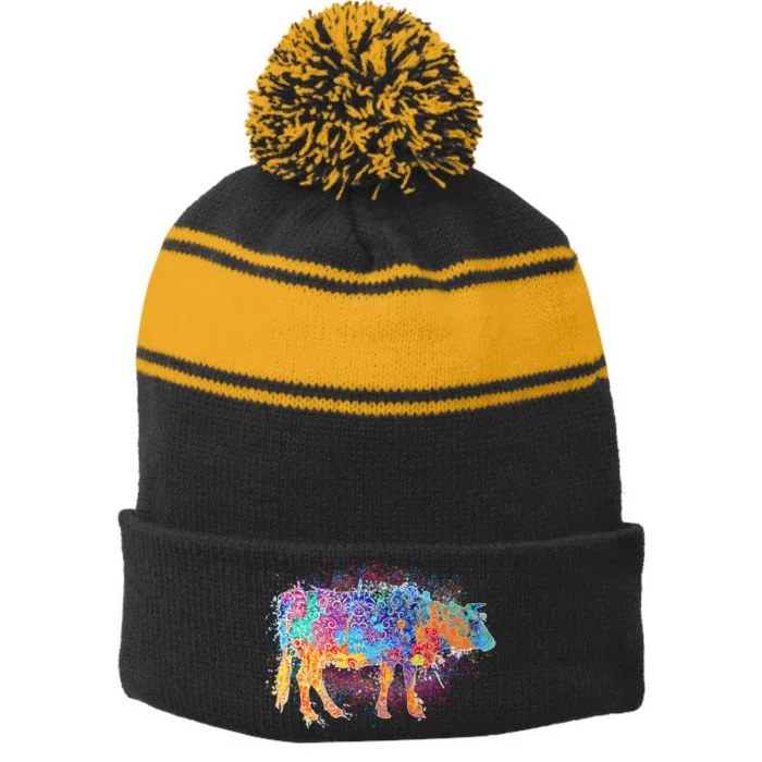 Colorful Pattern Cow Splatter Stripe Pom Pom Beanie