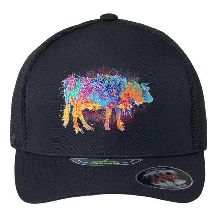 Colorful Pattern Cow Splatter Flexfit Unipanel Trucker Cap