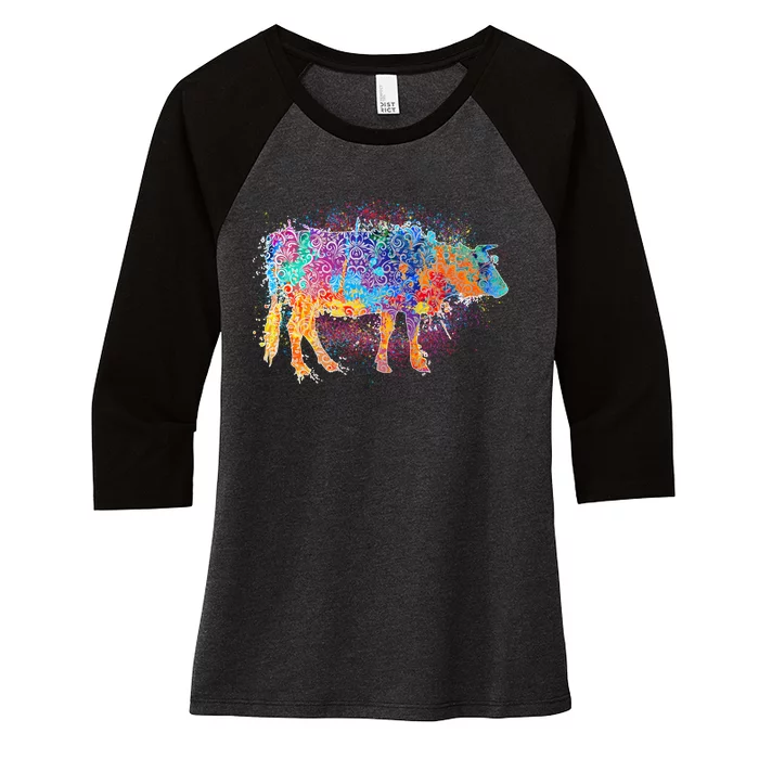 Colorful Pattern Cow Splatter Women's Tri-Blend 3/4-Sleeve Raglan Shirt